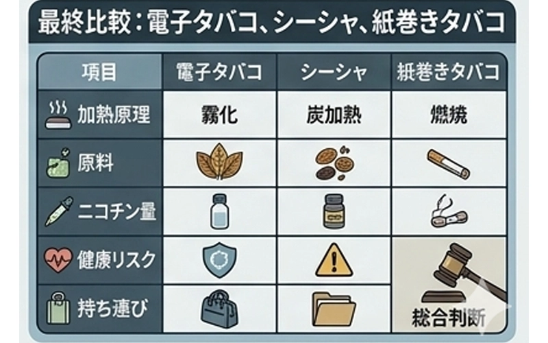最終比較：電子タバコ、シーシャ、紙巻きタバコ